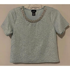 Rue 21 Womens Medium Mint Green Beaded Glittery Short-Sleeved Crop Blouse! M1210